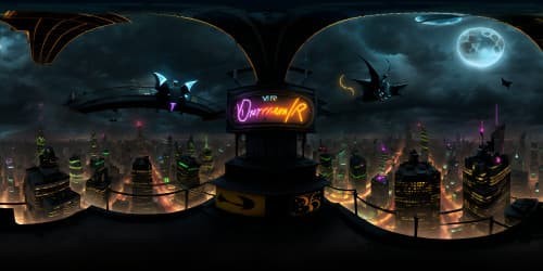 VR360 bat-signal, dramatic Gotham skyline, dark clouds, neon city lights. VR360 Joker graffiti, playful chaos, eerie laughter symbolism, vibrant colors. Ultra high-resolution, graphic-novel style, quality masterpiece.