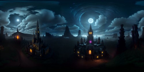 VR360 masterpiece, ultra high-res darkness, gothic architecture engulfing skyline, moonlight piercing night's veil. Dark fantasy style, twisted spires, ethereal clouds. VR360 fantasy obsidian castles, shimmering stars.