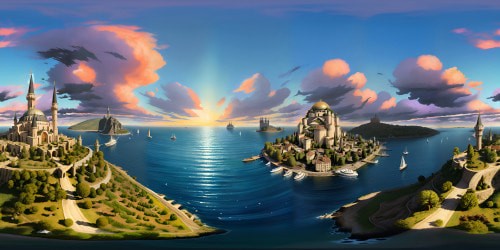 Ultra high res VR360 scene, Bosphorus splendor. Maiden Tower majesty, dynamic Istanbul cityscape, VR360 twilight panorama. Luxurious detail, masterpiece rendering, opulent textures. Subtle blend, Pixar-style city glow, digital painting water reflections. Enthralling sky backdrop, rich hues, soft transitions.