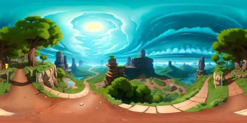 Ultra high-res VR360, masterpiece quality. Intense cloudscape, thunderous storm brewing overhead in VR360 view. Underneath, a panoramic sweep of rain-soaked forest hillside, tree canopy drama. Finessed Pixar-style artistry.