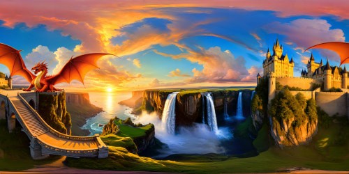 A grand regal castle standing tall against a vibrant sunset, cascading waterfalls, intricate golden details, and a majestic dragon soaring in the radiant skies, a visual marvel in ultra-high resolution, a true masterpiece.