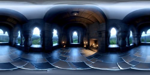 Ultra HD masterpiece, VR360 vision, medieval castle great hall. Expansive, adorned with intricate stone carvings, wooden beams. Massive fireplace, glowing coals, flickering shadows. Small gatherings of nude women around, dwarfed by grandeur, not obstructing expansive VR360 view.