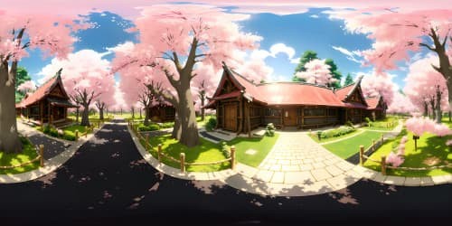 Demon Slayer-inspired sanctuary, ultra high-resolution, VR360 masterpiece. Nezuko's bamboo forest, vibrant pink cherry blossoms, misty mountains backdrop. Fantasy anime style, digitally painted.