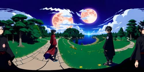 Uchiha Clan, iconic figures Sasuke, Itachi, Obito, Shishui. Pixel-art style, ultra high-resolution. Classic anime colors, VR360. Expressive eyes, Sharingan swirls, VR360. Silhouettes against radiant, full moon. Flowing attire, falling leaves, minimalist foreground. Ethereal glow, dark yet vibrant, enigmatic aura.