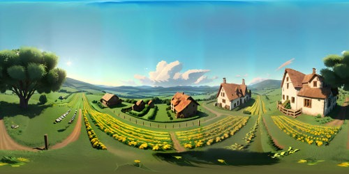 Clear blue skies, cumulus cloud fluffs, sunbeam dapples, VR360 pinnacle quality. Goat farm panorama, idyllic pastures, stone walls, quaint huts, playful goats. Distinctive tractor, farmer silhouette, ripe corn harvest. Pixar-style charm, ultra-high-res, vibrant colors, soft textures. Masterpiece VR360 farming scene.