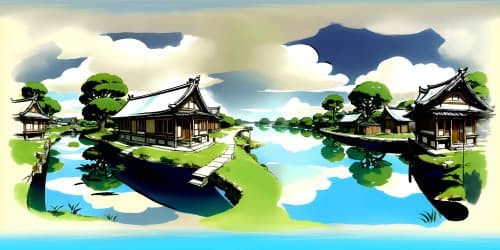 Exquisite Chinese ink art, VR360 of misty clouds, a solitary boat on tranquil river, ultra high-res, traditional masterpiece. Subdued palette, VR360 of classical aesthetics, sense of quiet solitude.