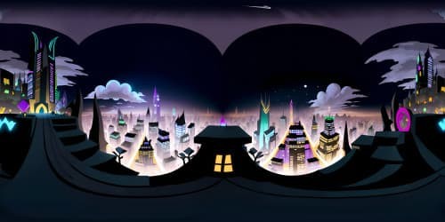 Superb VR360 quality, Gotham cityscape, resplendent in night hues, moonlit spires, billowing dark clouds, Batman's silhouette brooding on gothic architecture peak, ultra-high res, digital painting.