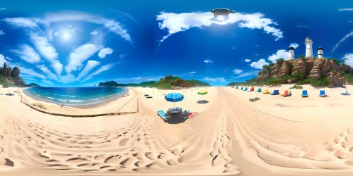 VR360 beach panorama, masterpiece in ultra HD, sun-reflective ocean surface, extensive dune expanse, lighthouse silhouette distanced. Striking, VR360 Pixar-style beach vista, vibrant swim trunks adorning sun-kissed sand, void of human presence. Pinnacle of quality, scrolling VR360, limitless pixel detailing. Unsurpassed beach scene, hyper-realistic, unforgettable.