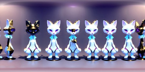 VR360 masterpiece, ultra-high res, quintet of elegant princesses in white fur, pink accents. Realistic gloss on red lips, blue eyes highlight, golden hair emphasis. Unique positions: squatting, arms uplifted. Distinct attributes: detailed armpits, feline ears. Photorealistic style VR360, refined sophistication.