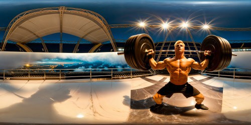 A flawlessly detailed, epic gym scene showcasing a muscular blond man lifting colossal weights, under vibrant stadium lighting, glistening chrome equipment, polished marble floors, streaming light beams creating a dynamic atmosphere.