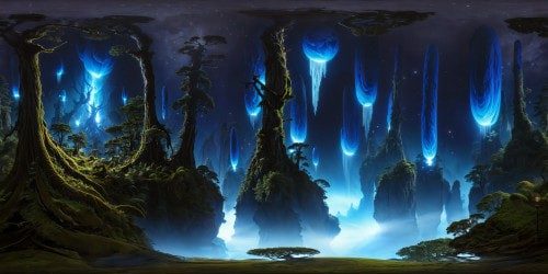 A flawless, ultra high-resolution depiction of a mesmerizing blue bioluminescent HUGE forest PLANET OF PANDORA AT NIGHT, radiating an ethereal, otherworldly glow akin to James Cameron's Avatar