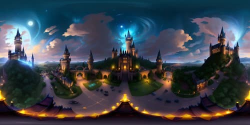 ultra high-res VR360, Hogwarts castle silhouette, glowing windows, spires against vivid starry sky, flying carriages silhouette, magical aura, masterpiece fantasy art