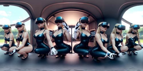 VR360 scene, photorealistic style, quintet princesses, mature, distinct, white collars, pink adornments. Ultra-high resolution, red lip gloss application, dramatic eyelashes, diverse features. Blonde hair, blue eyes. Unconventional postures, squatting, arms spread, raised. Subtle armpit detailing. VR360 masterpiece, in-depth field view.