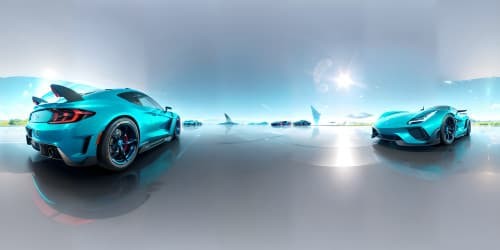 Masterclass VR360 proportions, ultra high-resolution, photorealistic style. A showroom of Japanese cars, sleek lines, metallic reflections in VR360. No humans, captivating skybox visuals, prismatic colors.