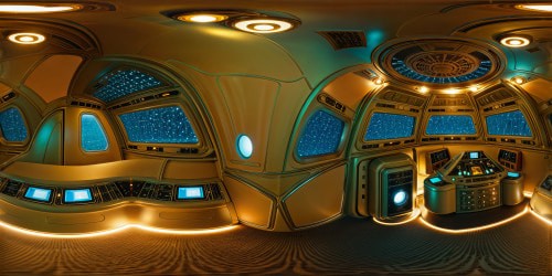 Within an awe-inspiring, flawlessly detailed alien spacecraft interior, intricate glowing panels and holographic displays surround a cozy, homely crew of hobbit-like extraterrestrials, lit by a warm, inviting light, with polished metallic surfaces reflecting their quaint but advanced technology.