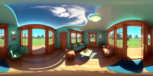 VR360 scene: Singular vibrant green pine tree, living room, centered. Walls, ceiling of glass, exposing expansive sky. Renovated Victorian-style fashion. Picasso-Cubism inspiration, ultra high res, masterpiece-quality. Light, shadows dancing, draping the exquisite indoor setting. Ideal VR360 immersion.