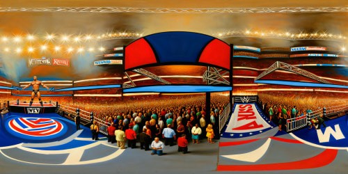 Inside the WWE WrestleMania London Arena, a colossal masterpiece of the highest quality and detail with intricately designed high-resolution graphics, grand stadium lights, flawless wrestling ring, roaring crowd, and iconic WrestleMania signage, ready for an epic showdown under the bright lights.