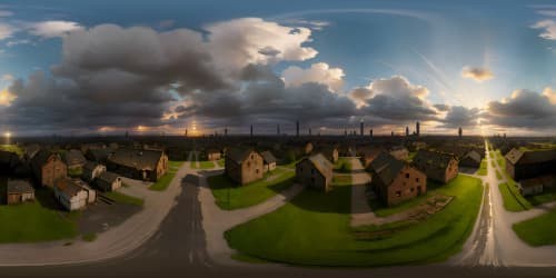 VR360, roof top view at night of ultra high-res masterpiece, decaying cityscape, post-apocalyptic devastation, abandoned vehicles, eerie emptiness, sans human presence. VR360, surreal art, weathered textures, somber palette. sky view skyline