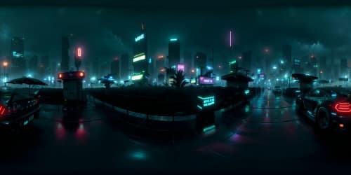 VR360 precision, Blade Runner night city, neon skyscrapers, rain-soaked streets, futuristic billboards, colossal digital screens. Style: Cyberpunk aesthetics, ultra-high resolution, dark-toned palette, meticulous detailing, VR360 masterpiece.