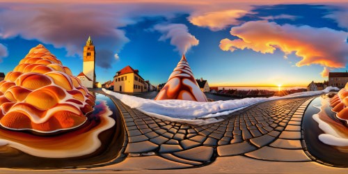 A scorching sun sets over cobblestone streets, casting fiery hues on melting ice cream cones creating puddles, contrasting with the heat. The Picasso-style VR360 panorama reveals intricate swirls of lush, melting ice cream in high-resolution, a surreal and abstract masterpiece.