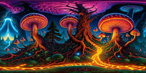 A mesmerizing, high-resolution dark fantasy landscape, featuring towering mushroom forests, swirling mystical energies, ancient wizard spires, glowing runes, ominous shadows, and an intense, surreal atmosphere, a flawless visual masterpiece.