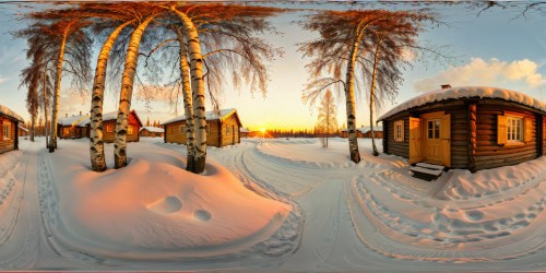 Vibrant, picturesque Russian countryside with snow-covered birch trees, golden sunset casting long shadows, quaint wooden cottages with intricate carved details, all impeccably captured in flawless ultra-high 8K resolution, a true masterpiece of quality and detail.