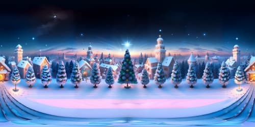 "VR360: Christmas town centerpiece, twinkling lights on snowy rooftops. Frosted pine trees, candy cane lampposts. Snowflakes falling, starry sky above. Ultra high res, meticulous detail, rich colors. VR360: Pixar-style winter wonderland."