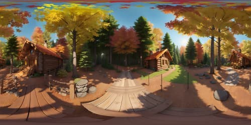 Masterpiece quality VR360, ultra-high-resolution, rustic cabin encased in autumn hues. Surrounding towering forest, dense foliage, digital painting style, rich textures, varied tones. VR360 fall scene, visual depth, light diffusion in rich colors.