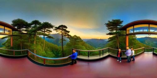 view from the balcony of an ultra futuristic Edo-modern inspired home on a densely forested hill of Japan, at dusk. Tranquil, uplifting atmostphere.