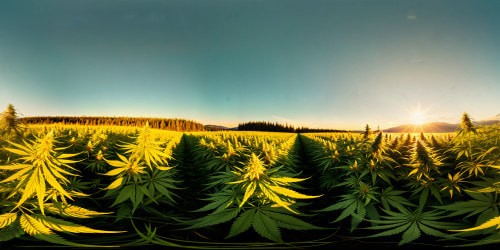 A sprawling cannabis field under a golden sun, vibrant green leaves shimmering with morning dew, intricate trichomes glistening, vast and flawless.