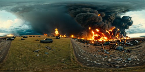 A breathtaking, flawlessly chaotic battlefield scene with debris suspended midair, vibrant explosions frozen in time, shattered ruins beneath a stormy, nebulous sky, an ultra high resolution masterpiece capturing every minute detail in stunning perfection.