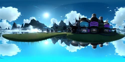 Masterpiece VR360 view, Pokemonland, ultra-high-resolution, vivid hues, fantasy anime style. Large, enchanting Pokemon habitats, dynamic background, serene water bodies, lush grasslands. Cloud patterns mimicking Pokemon shapes, captivating VR360 sky view.