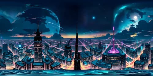 Ultra high resolution, VR360 cityscape, glimmering skyscrapers, night setting. Vibrant neon lights, cute, cartoonish architectural style. Star-studded sky, contrasting serene moonlight. Pixar-style rendering, emphasis on playfulness, majesty.