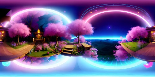 VR360 Cheshire cat, glowing grin, VR360 pink forest, heart-shaped flora, neon flowers. Ethereal, ultra HD, pastel dreamscape. Whimsical, fantasy art style, love-infused masterpiece, magical joy.