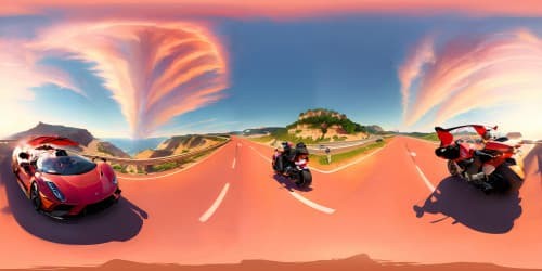 Cars and motorcycles  on the seaside highway (orange and pink sky)