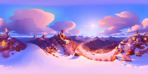 Masterpiece quality VR360 scene, cartoon style, ultra-high resolution. Crystalline skies, plush clouds. Distant, comic-book cityscape. VR360 view of a bright, vibrant atmosphere, with foreground minimized.