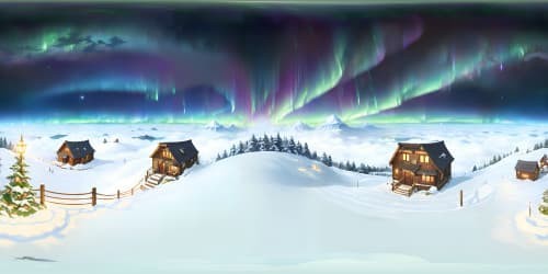 Masterpiece quality, Ultra HD. Comforting, luxurious glamping dome, minor focus, fireplace warmth radiating. VR360 view, vast, stunning, aurora-lit skies. Shooting stars, borealis spectacles. Fresh, heavy snowfall, outside scenery. VR360 immersive, Pixar-style animation.