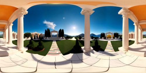 Luxurious VR360 panorama, marble pillars piercing radiant clouds, orbs of multicolored energy in motion. Spectacular Greek architecture subtly presented. Light-filled VR360 scene, breathtaking masterpiece, vibrant garden hues, ultra high-res visual feast.