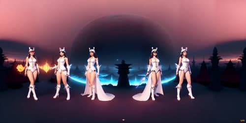 four women wearing white leotards with thigh high boots. they are evil sorceresses'. they are african american women_one woman is carryinga glowing red mace_two of the women have dreadlocks
