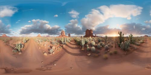 Ultra high definition VR360, western landscape, pastel sunset kiss sky, cacti's silhouette, masterpiece aesthetics, VR360 trail dust clouds, Old West charm, expansive mesa views.