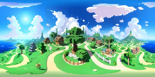 Anime style Minecraft terrain, pixelated blocks, towering trees, vast blue sky with fluffy white clouds, VR360. Stylized digital painting, bright, vibrant colors, ultra-high resolution rendering, VR360. Masterpiece quality, whimsical vibe.