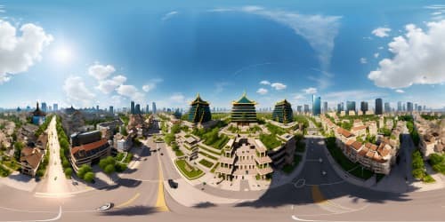 Ultra-HD masterpiece, Chang'an ancient street, VR360 Tang Dynasty cityscape. Realism with whimsical touch, vibrant culturally diverse architecture. Grand urban vista, color intensity heightened, VR360 skyline. Elevated skyview panorama, sprawling cityscape.