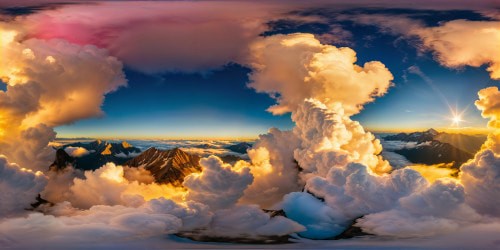 Majestic mountain range rises above fluffy cotton candy clouds, bathed in golden light, surreal atmosphere, wisps dancing dynamically in the vast, crystal-clear 8K sky.