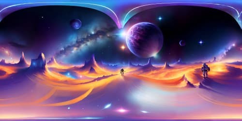 a father and a daughter floating in the space wearing space suits, surrounded by beautiful nebula 