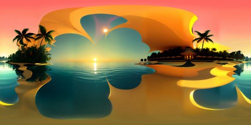 VR360 beach magnificence, towering palm silhouettes, golden-hour gleam. Ultra-high-res masterpiece, luminescent seabed, mirror-like calm sea, pristine reflections. VR360 sunset, horizons draped in gold. Exquisite Pixar-style rendering, sun-kissed landscape, tranquil island vista.