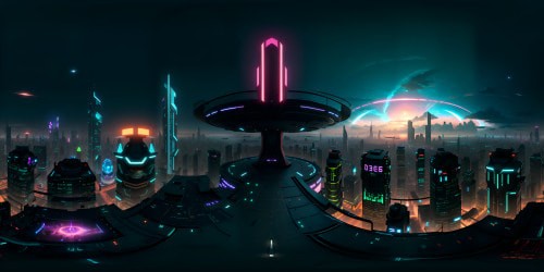 VR360 view: Neon-lit Cyberpunk cityscape, skyscrapers piercing star-streaked night sky. VR360 style: Ultra HD, visual masterpiece, electric blue and crimson hues. Foreground: Futuristic billboards, holographic signs, negligible. Backdrop: Nightscape, infinite horizon, cosmic panorama.