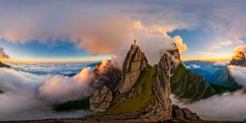 The immaculate creation of a colossal, flawlessly sculpted giantess emerging from a mist-shrouded mountain range at dawn, intricate stone textures, ethereal lighting.