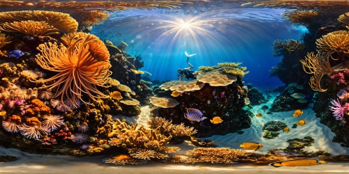 An extraordinary, flawless ultra high-resolution underwater marvel, showcasing a bustling coral reef swarming with tropical fish, regal starfish, exquisite anemones, and bewitching jellyfish, harmoniously encapsulating a mesmerizing realm where ethereal mermaids, adorned with flowing locks, bewitch the abyss with their otherworldly allure.