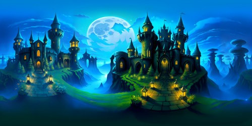 VR360 masterpiece quality, ultra high-resolution, eerie storybook feel. Gothic-style castles, twisted spires, full moon backdrop, shadowy forests. Dark atmospheric colors, stylized Pixar-style aesthetic. Enhanced VR360 depth, distinct fantasy art layering.