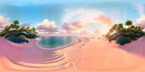 Hyper-realistic digital image, VR360 masterpiece, ultra-high resolution. Beach scene perfection: pearl-white sands, azure waters, glistening. Golden sunset, brilliant color gradient, breathtaking. Tropical foliage, sparse, edge-framing embellishments. Unbroken VR360 panorama, impeccable craftsmanship, visual feast.